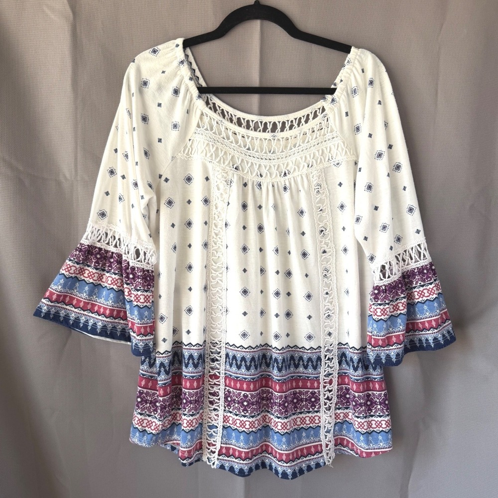 Absolutely Famous Peasant Top White Boho Crochet Bell Sleeve Womens XL